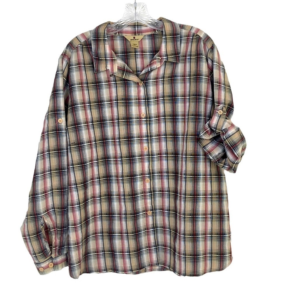 Woolrich Plaid Button Front Shirt XXL Roll Tab Long Sleeve Hiking Zip Pocket